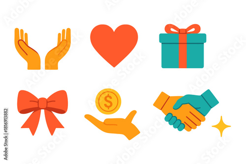 Generosity Icons in Vibrant Colors. Giving Set set flat icons set. open hands, heart symbol, gift box, handshake, ribbon bow, donation coin, helping hand, spark of light