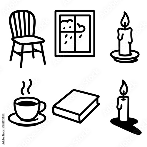 Quiet Symbolic Icons. Quiet Moments linear icon set. empty chair, window, candle, cup, shadow, book