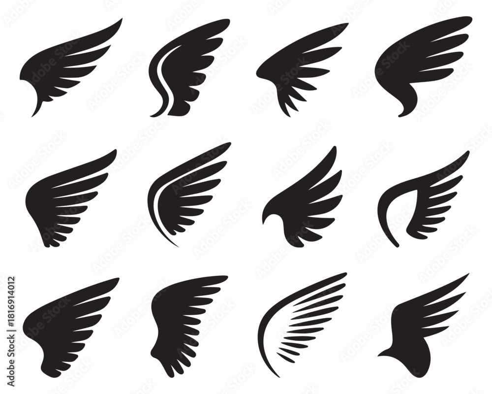 Fototapeta premium Abstract Wing Icon Set – Flying Feather Silhouette Vector Collection