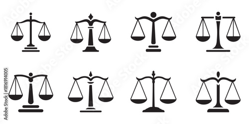 Justice Scales Icon Set – Legal Balance Symbol Vector Collection