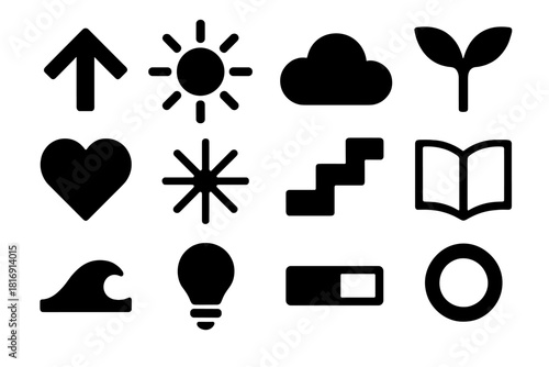 Positive Mindset Icons. Positive Mindset Elements Set silhouette icon set: uplifting arrow, bright sun, calm cloud, hopeful sprout, gratitude heart, clarity spark, steady steps