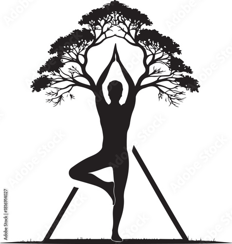 Silhouette of a person in tree pose with branches forming a tree canopy and geometric lines yoga human