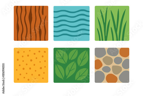 Nature Texture Set. Nature Textures Set flat icon set: bark pattern, ripple lines, grass blades, stone texture, sand dots, foliage patch