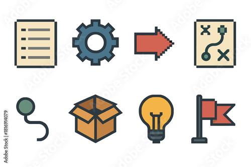 Project Start Icons. Project Start pixel style icon set: blank checklist, initial gear, kickoff arrow, planning sheet, roadmap start node, setup box, idea bulb, launch flag