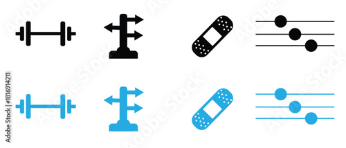 Fitness, direction, medical bandage, and control slider icons set in black and blue minimalist style.