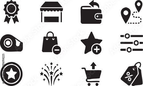 Shopping and ecommerce black silhouette icons, including store, cart, wallet, location, discount, and user interface elements