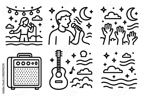 Outdoor Concert Vibes. Outdoor Concert Night linear icon set. singer on stage, music waves, audience hands raised, starry backdrop, amplifier, acoustic guitar, light string, night