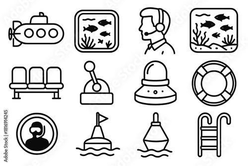 Tourist Submarine Adventure. Tourist ocean transport linear icon set. sightseeing sub, viewing window, guide headset, coral reef view, fish silhouettes, seat row, control lever