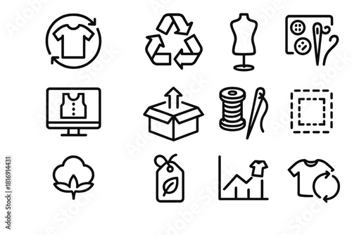 Sustainable Fashion Icons. Circular Fashion System linear icon set. garment loop, recycling arrows, 3D mannequin, digital pattern, return box, sewing kit, cotton ball, tag with