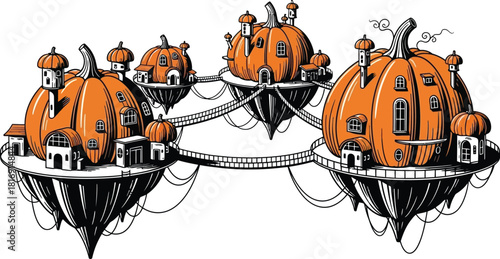 Whimsical illustration of a floating village made entirely of giant orange pumpkins connected by rope bridges, fantasy architecture on suspended islands, isolated on white background