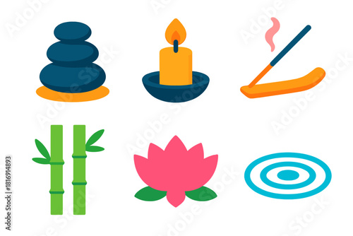 Zen Serenity Icons. Serenity Zen flat icons set. Zen Stones, Candle, Incense, Bamboo, Lotus, Water Ripple.