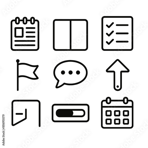 Organizational Icons Grid. Work Planning Essentials linear icon set: agenda page, time block tile, checklist sheet, task arrow, priority flag, meeting bubble, progress bar