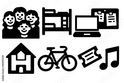 Youth Hostel Icons. Youth Hostel silhouette icon set. smiling group, shared dorm, laptop, notice board, hostel logo, bike, ticket, music notes.