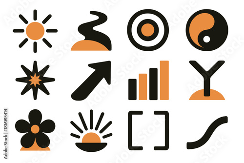 Optimistic Icon Collection. Optimistic Thinking Set silhouette icon set: warm glow, forward path, perspective lens, harmony circle, joyful spark, confident arrow, steady rhythm bar