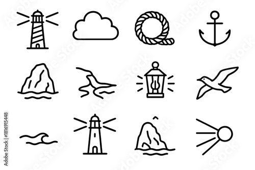 Coastal Icon Collection. Coastal Beacon Collection linear icon set: striped lighthouse, bright ray, calm sea, cloud puff, rope coil, anchor mark, rugged rock, shoreline curve