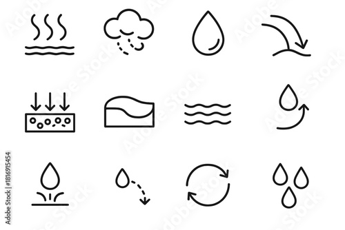 Water Cycle Diagram Icons. Water Cycle Diagram Set linear icon set: evaporation swirl, condensation cloud, precipitation drop, runoff arrow, infiltration layer, lake pool, ocean