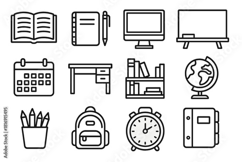 Homeschooling Icons Grid. Homeschooling Essentials linear icon set. open textbook, notebook and pen, desktop computer, chalkboard, calendar planner, study desk, bookshelf