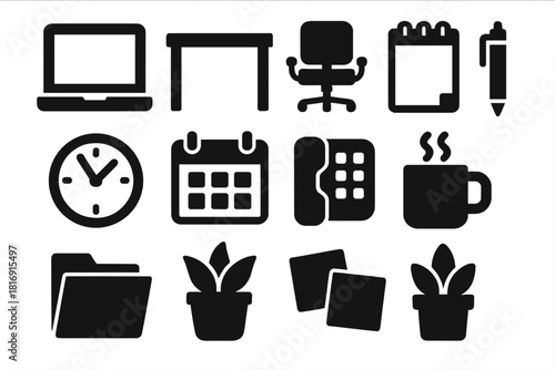 Bold Office Essentials Icons. Office day essentials silhouette icon set. laptop, desk, chair, notebook, pen, clock, calendar, phone, coffee mug, folder, plant, sticky notes