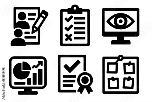 Bold UX Research Icons. UX Research silhouette icon set: interview notes, survey form, observation icon, data insight, testing report, research board