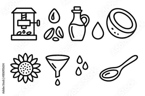 Oil Production Icons. Healthy Oil Production linear icon set: oil mill, seeds, bottle, droplet, coconut, sunflower, filter, spoon