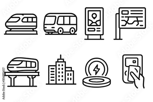 Futuristic Transit Icons. Next-Gen Transit Systems linear icon set. magnetic train, electric shuttle, smart kiosk, route display, elevated rail, cityscape, charging pad, ticket