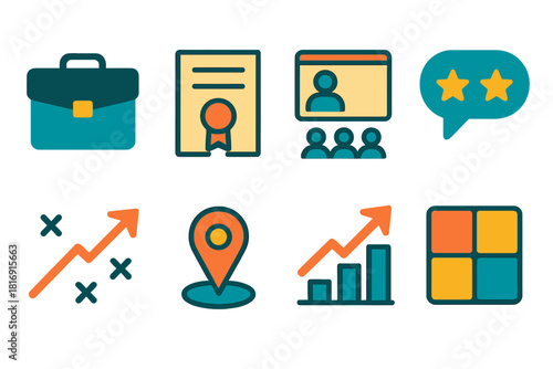 Skill Development Icons. Professional Skill Development flat icon set: briefcase, certificate page, training module, feedback bubble, strategy arrow, milestone marker, growth chart
