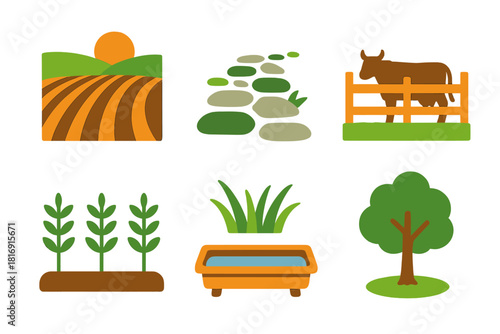 Rural Scene Icons. Rural Environment Forms flat icon set: plowed field, stone path, country bridge, livestock pen, crop rows, tall grass tuft, water trough, solitary tree