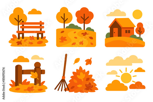 Autumn Icons Collection. Autumn scenes flat icon set: park bench, path with leaves, small cabin, fence post, rake, pile of leaves, cloudy sky, gentle sun