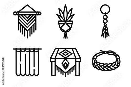 Home Decor Icons. Decor Projects linear icon set. wall hanging, plant hanger, keychain, curtain, table runner, bracelet