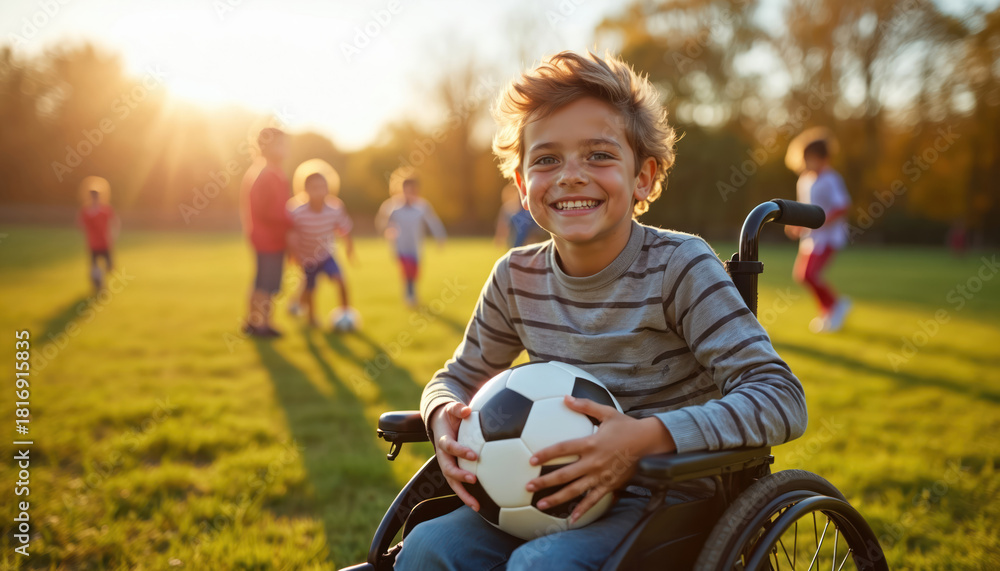 Naklejka premium Smiling boy sits in wheelchair holds soccer ball. Other children play football game on grass in park on sunny day. Concept of disabled people inclusion and social adaptation.