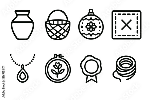 Artisan Craft Icons. Artisan Presents linear icon set: clay pot, woven basket, painted ornament, stitched cloth, handmade jewelry, embroidery hoop, wax seal, wrapping twine