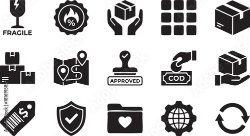 Black and white icon set for shipping, logistics, and ecommerce, featuring symbols for fragile, package, delivery, map, approved, payment, security, and global operations