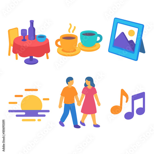 Shared Moments Icons. Shared Moments flat icons set. dinner table, coffee cups, photo frame, sunset, walk together, music notes
