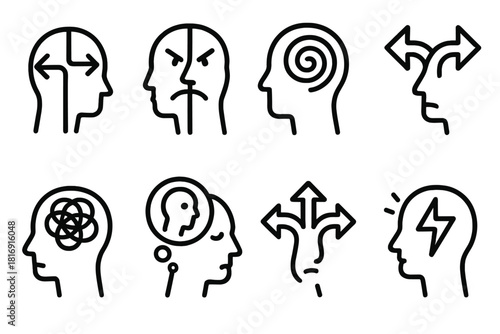 Duality of Thought. Internal Conflict linear icon set: divided mind icon, opposing thoughts, confusion swirl, dilemma arrow, tension knot, reflective bubble, choice split, inner
