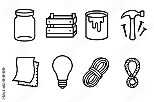Upcycling Icons Collection. Upcycling Projects linear icon set: glass jar, wooden crate, paint can, hammer, nails, fabric scrap, light bulb, rope