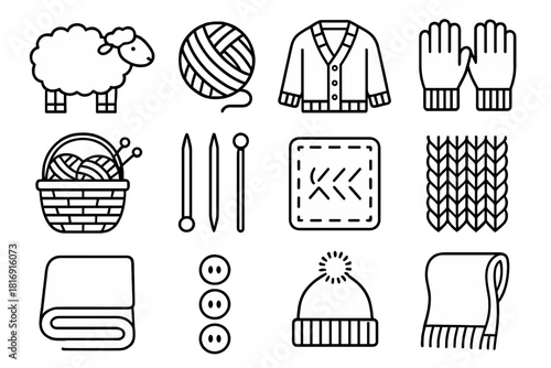 Cozy Wool Icons. Warm Wool Creations linear icon set: sheep icon, wool ball, cardigan, glove pair, basket of yarn, needle set, patch detail, pattern stitch, cozy blanket, button