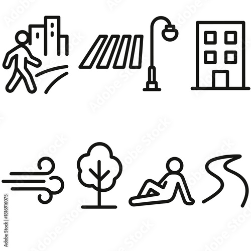 Urban Stroll Icons. Urban Stroll Icons linear icon set: city walkway, crosswalk stripes, light pole, building outline, passing breeze, street tree, relaxed figure, path curve