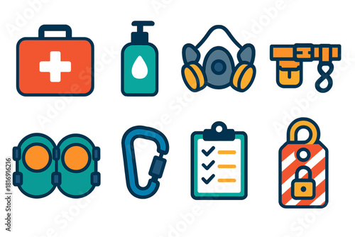 Safety Gear Icons. Protective equipment practices tools flat icon set: first aid kit, sanitizer bottle, respirator, tool belt, knee pads, harness clip, inspection checklist