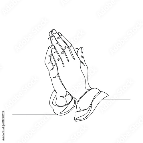 Minimalist line drawing of praying hands on a white background