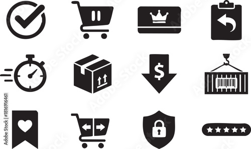 A comprehensive set of black flat ecommerce and delivery icons, featuring shopping carts, security, shipping, payment, and order management