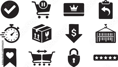 A comprehensive collection of black ecommerce and shopping icons, featuring symbols for delivery, payment, security, ratings, product management, and customer service