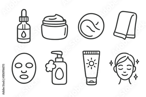 Skincare Icons Doodle. Skincare Secrets set of icons in doodle hand-drawn vector style: serum bottle, moisturizer jar, cotton pad, towel icon, face mask, cleansing foam, sunscreen