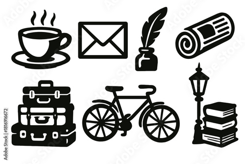 Brutalist Vintage Icons. Vintage Lifestyle silhouette icon set: teacup, letter envelope, quill, newspaper roll, suitcase stack, bicycle, street lamp, book stack