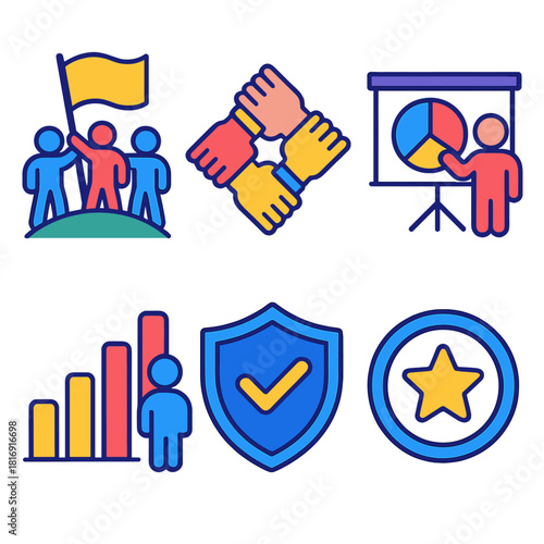 Unified Team Icons. Team Dedication flat icon set: shared goal flag, unified hands, collaborative chart, consistent effort bar, reliability shield, success circle