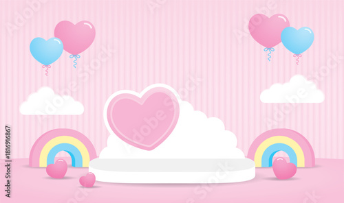 cute kawaii style sweet pastel pink valentine day theme display stage with heart shape elements 3d illustration vector for putting kid or baby product object