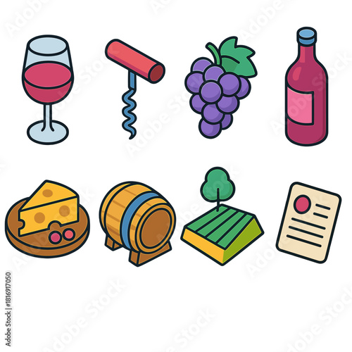 Wine Tasting Icons. Wine Tasting flat icon set: wine glass, corkscrew, grape cluster, wine bottle, cheese platter, barrel, vineyard, tasting notes