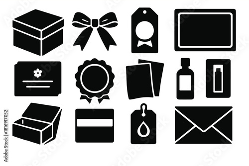 Stylish Packaging Icons. Luxury E-Commerce Packaging silhouette icon set. matte black box, satin ribbon, foil stamp label, velvet insert, embossed thank-you card, gold seal sticker