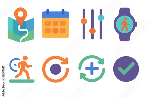 Vibrant Lifestyle Icons. Active Lifestyle Planning Actions flat icon set: plan map, schedule icon, adjust slider, track steps, log activity, refine loop, recovery symbol, confirm