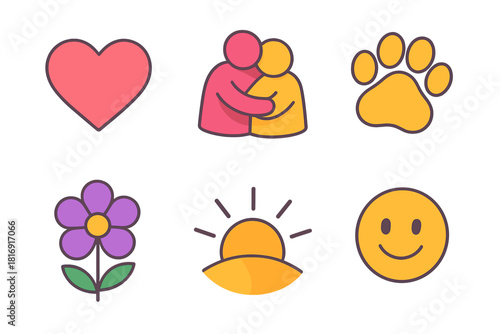 Gentle Icons Collection. Gentle Souls flat icon set: heart, cuddle pose, paw, flower, sunbeam, smile