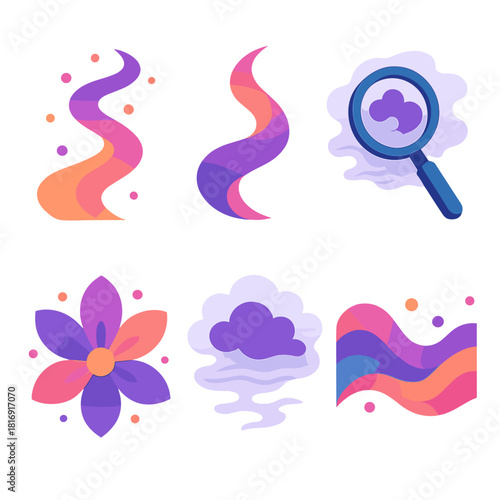 Imaginative Vector Icons. Imagination flat icon set: drifting pattern, light ribbon, exploring lens, mystery haze, creative bloom, imaginative wave